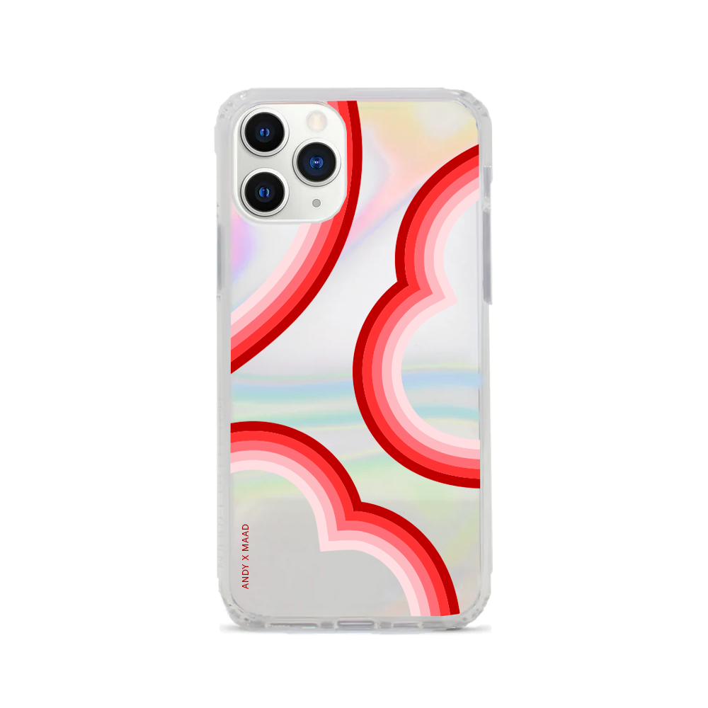 ANDY X MAAD Valentine's Holo iPhone 11 Pro Max Case featuring a holographic finish and included sticker set for personalization.