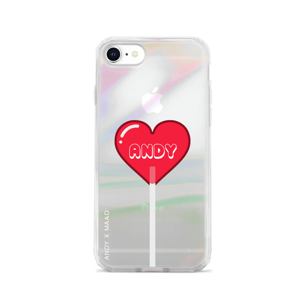 ANDY X MAAD Valentine's Holo iPhone 7/8 Case featuring a colorful holographic finish and artistic design.