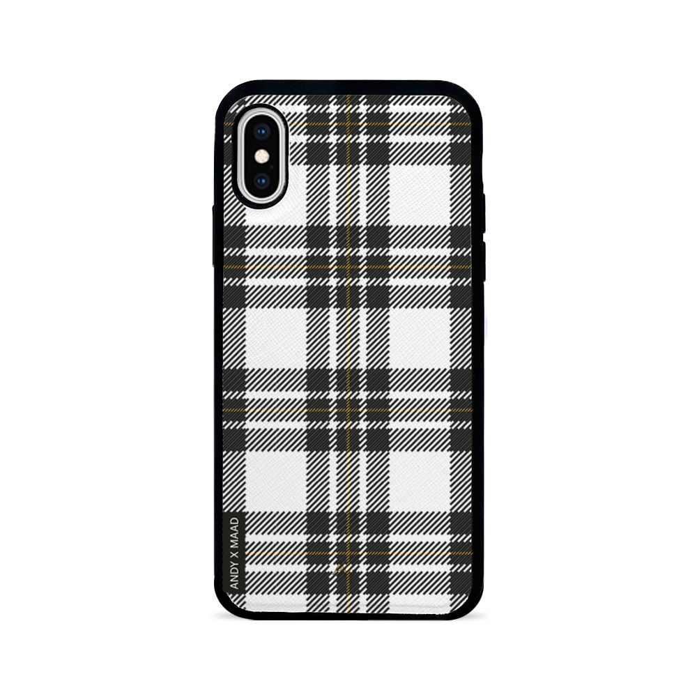 ANDY X MAAD Warm Flannel iPhone X/XS Leather Case in genuine saffiano leather with rubber rim, showcasing personalization options.