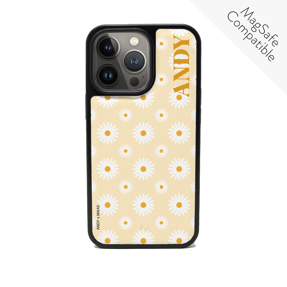 Andy x MAAD Yellow Daisies Leather Case for iPhone 13 Pro, featuring vegan leather and customizable design.