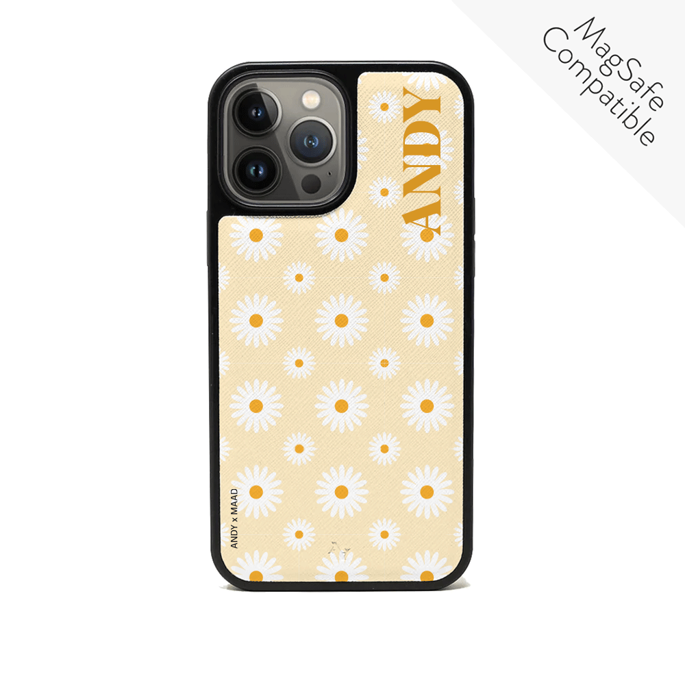 Andy x MAAD Yellow Daisies iPhone 14 Pro Max Leather Case featuring a floral design and soft rubber rim for protection.