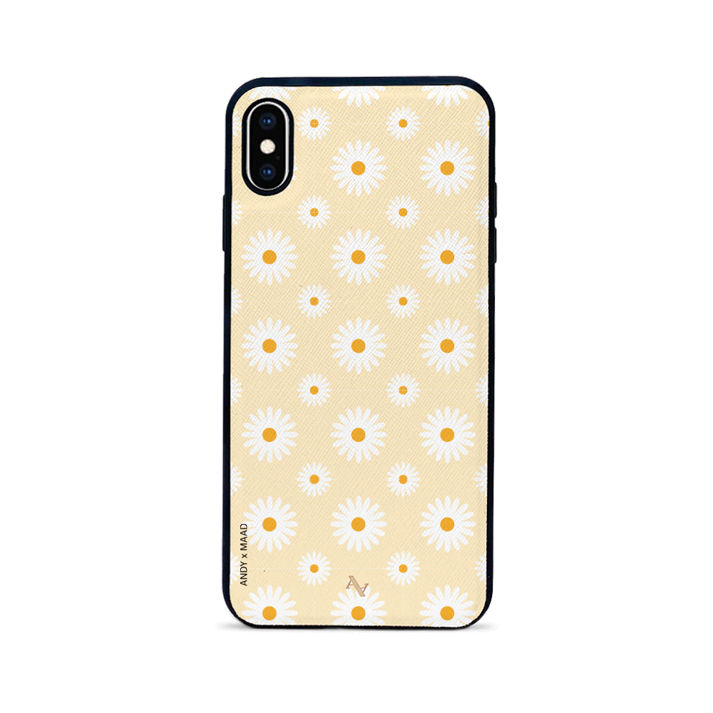 Andy x MAAD Yellow Daisies Leather Case for iPhone XS MAX, featuring a vibrant floral design and genuine saffiano leather material.