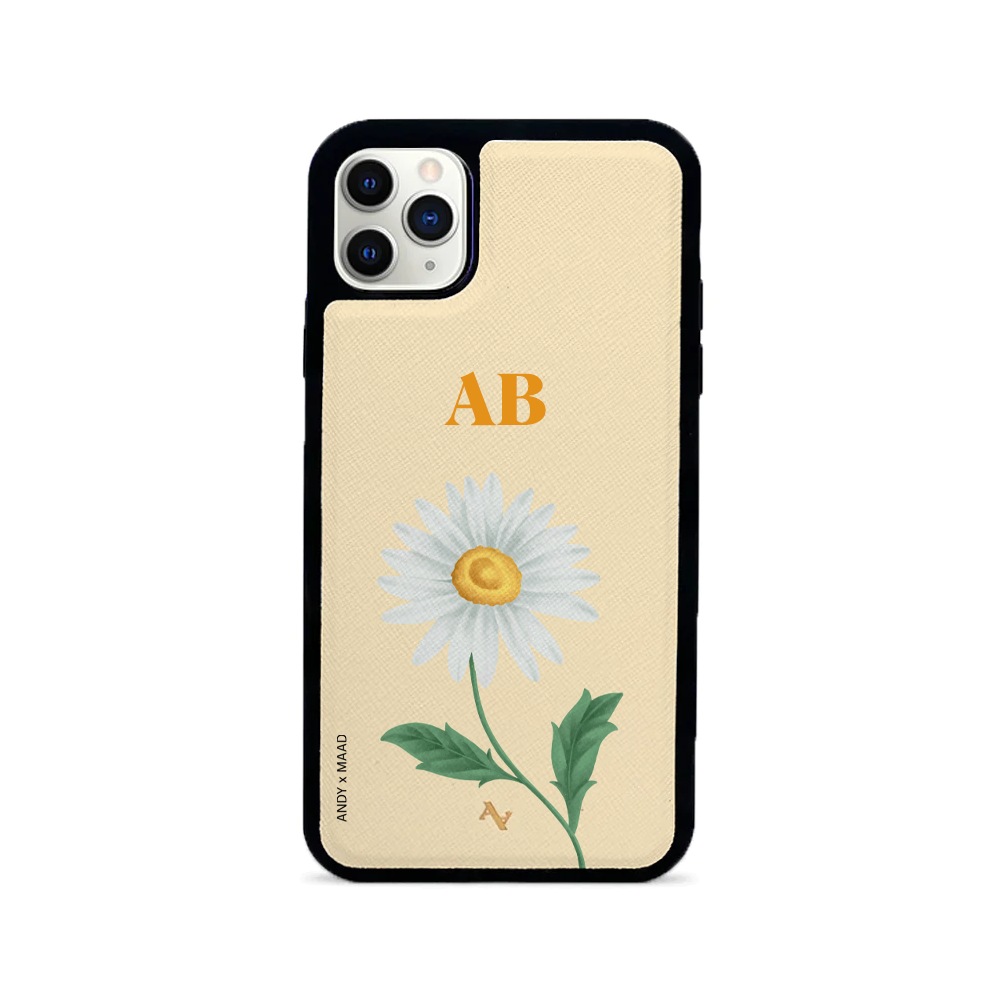 Andy x MAAD Yellow Daisy Leather Case for iPhone 11 Pro Max, featuring saffiano leather and a soft rubber rim for protection.