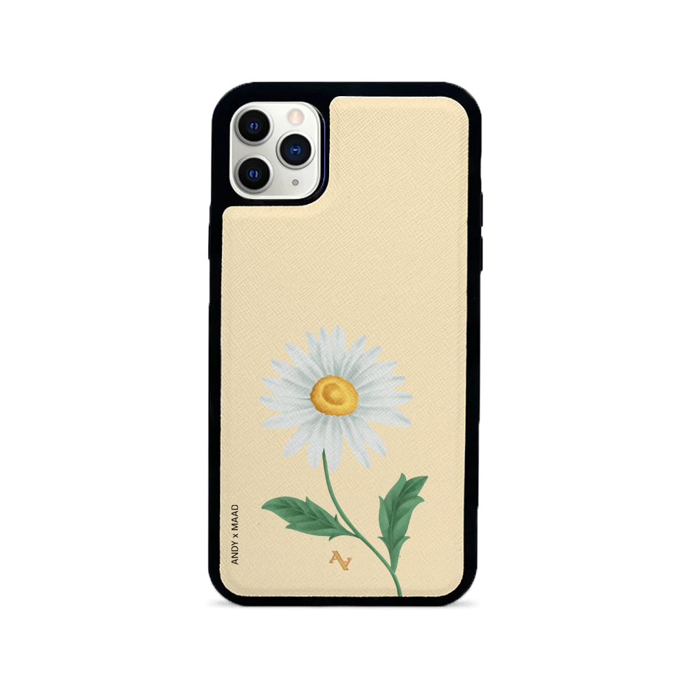 Andy x MAAD Yellow Daisy Leather Case for iPhone 11 Pro Max, featuring saffiano leather and a soft rubber rim for protection.