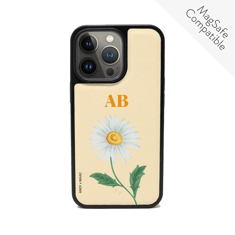 ANDY X MAAD Yellow Daisy iPhone 13 Pro Leather Case featuring vegan saffiano leather and soft rubber rim for protection.