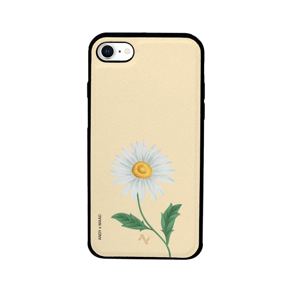 Andy x MAAD Yellow Daisy Leather Case for iPhone 7/8/SE, featuring saffiano leather and customizable monogram options.