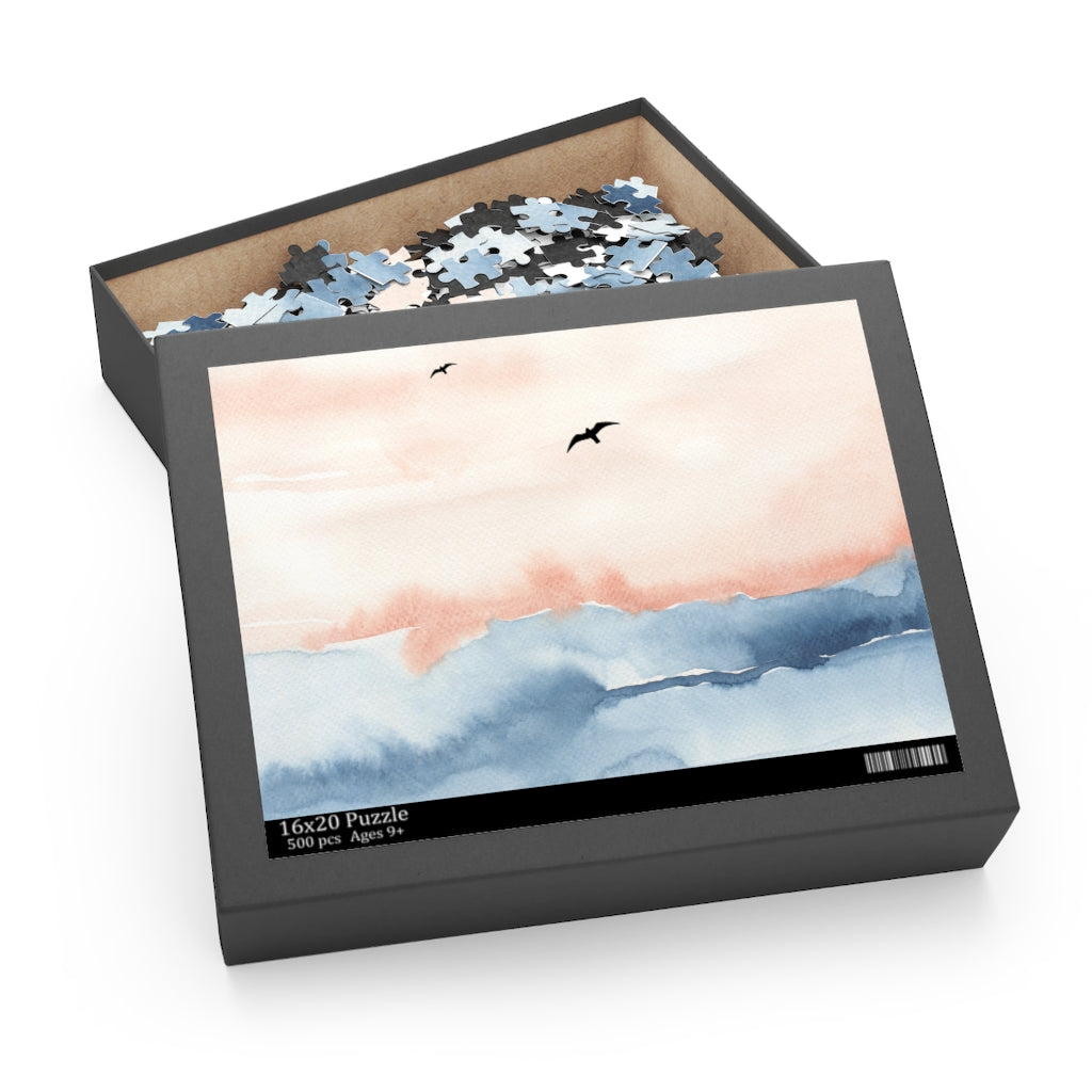 A vibrant 500-piece jigsaw puzzle featuring a serene beach scene with various birds, beautifully packaged in a gift-ready box.