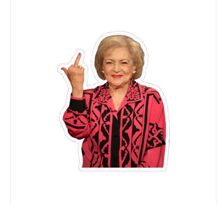 BETTY WHITE Middle Finger Sticker Decal on a car window, showcasing a humorous design with vibrant colors and premium vinyl material.