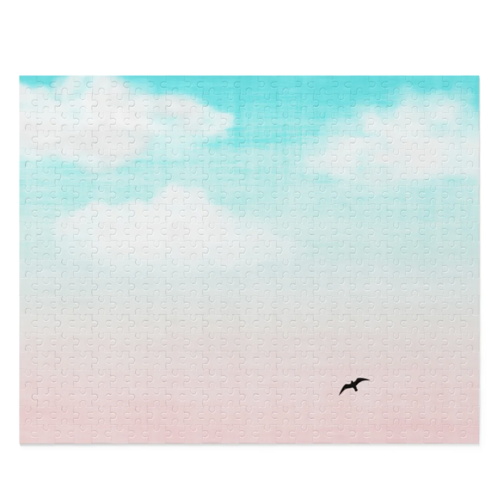A colorful jigsaw puzzle featuring birds flying in a blue sky, showcasing 500 high-quality chipboard pieces.