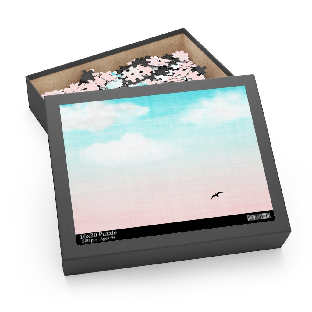 A colorful jigsaw puzzle featuring birds flying in a blue sky, showcasing 500 high-quality chipboard pieces.