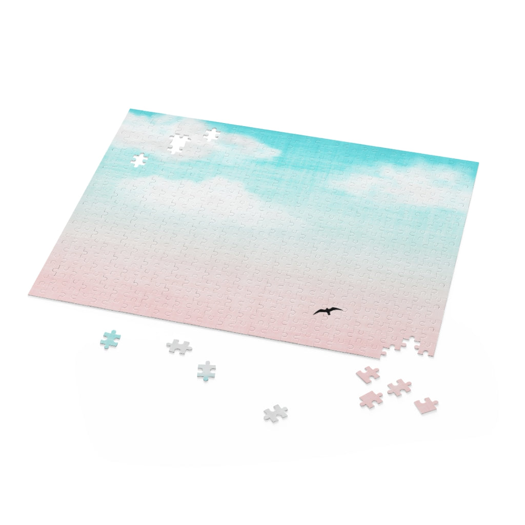 A colorful jigsaw puzzle featuring birds flying in a blue sky, showcasing 500 high-quality chipboard pieces.