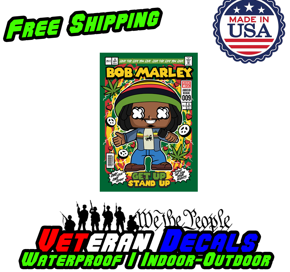 Bob Marley vinyl decal sticker featuring vibrant colors and intricate design, suitable for cars, walls, and various surfaces.