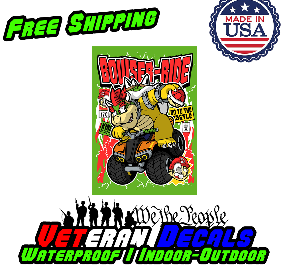 Bowser Ride vinyl decal sticker featuring vibrant colors and detailed design, perfect for cars and walls.