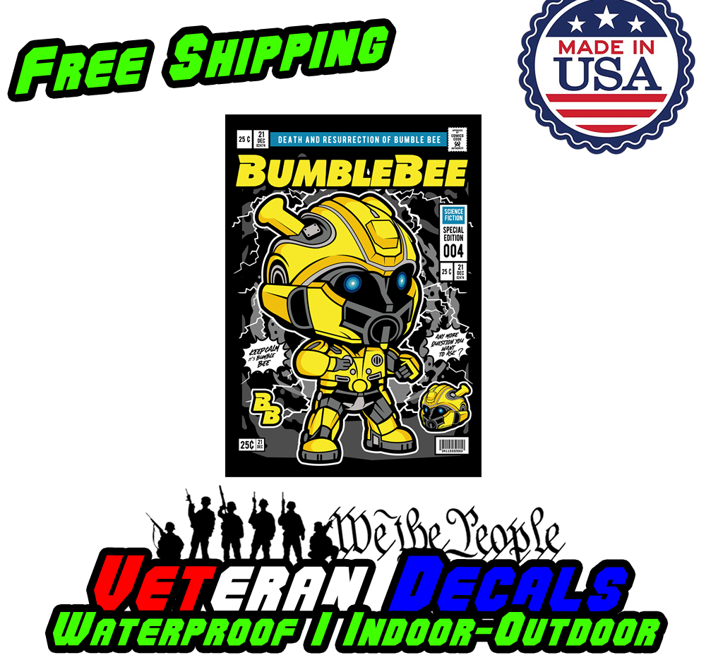 Bumble Bee Pop Culture Art Series Vinyl Decal Sticker displayed on a car and wall, showcasing its vibrant design and versatility.