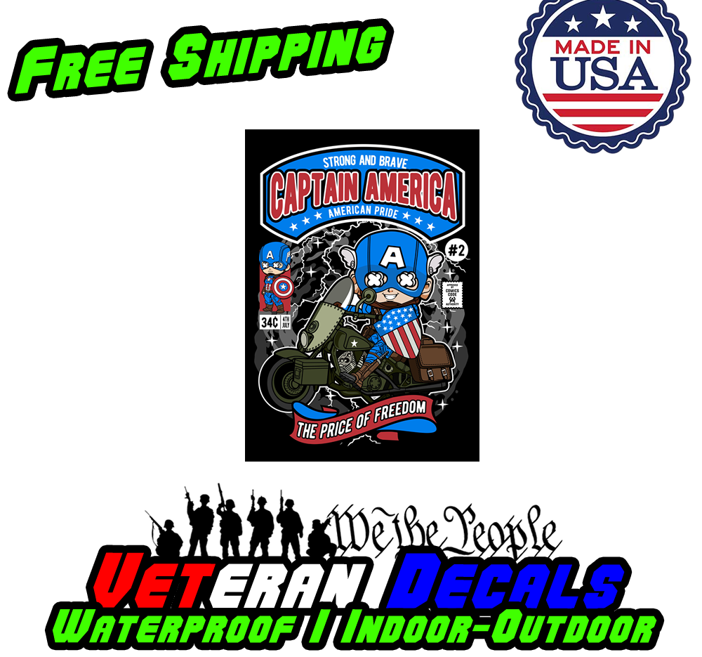 Captain Murica vinyl decal sticker featuring vibrant colors and pop culture design, suitable for cars and various surfaces.