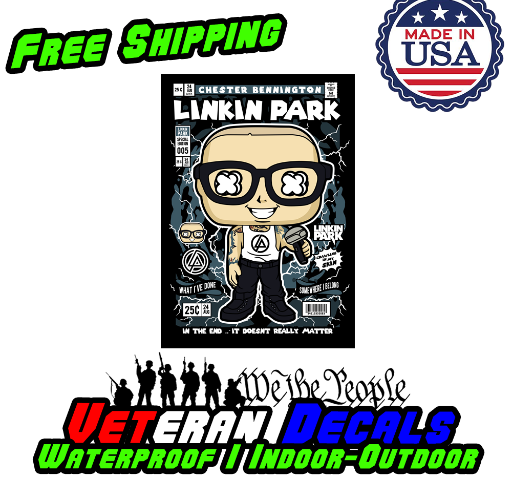 Chester Linkin Pop Culture Art Series Vinyl Decal Sticker displayed on a car, showcasing its vibrant design and versatility.