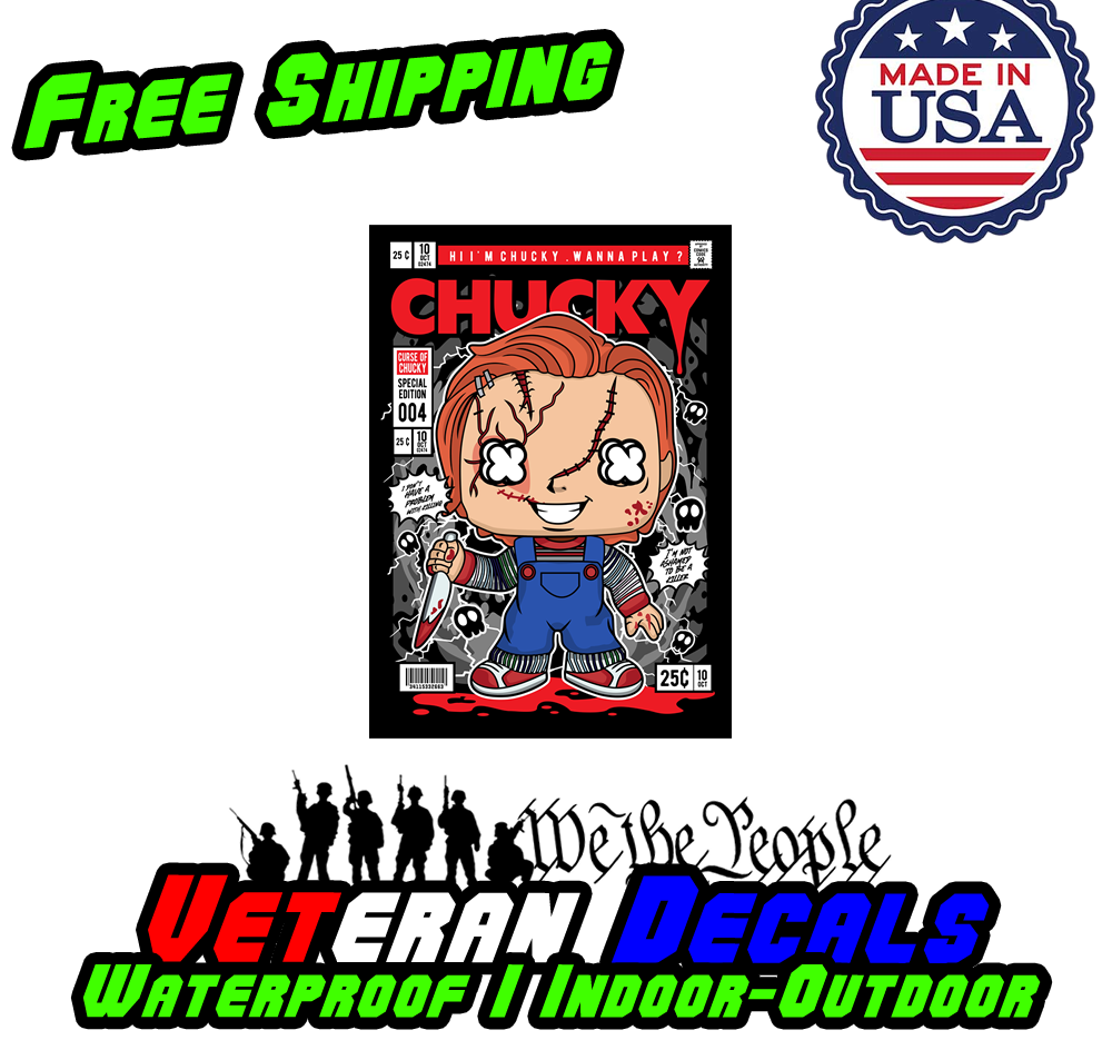 Chucky Pop Culture Art Series Vinyl Decal Sticker displayed on a car, showcasing vibrant colors and detailed design.