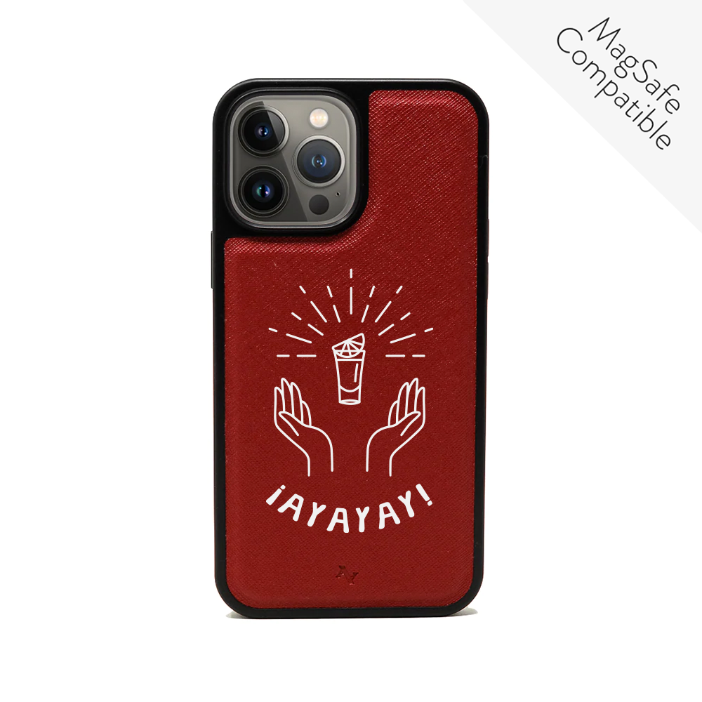 Cielito Lindo iPhone 14 Pro Max leather case in vegan saffiano leather with a soft rubber rim, showcasing personalization options.