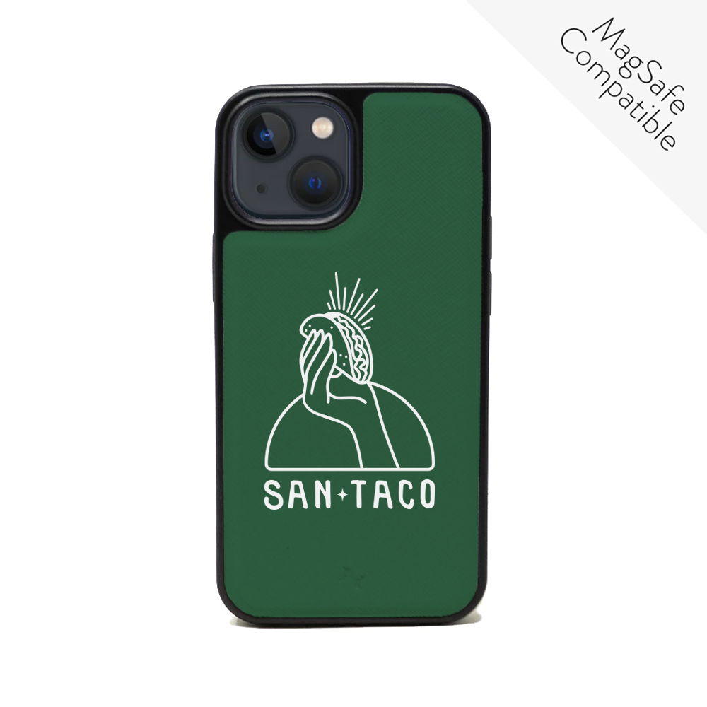 Cielito Lindo San Taco iPhone 13 Mini Leather Case in vegan saffiano leather with rubber rim, showcasing personalization options.