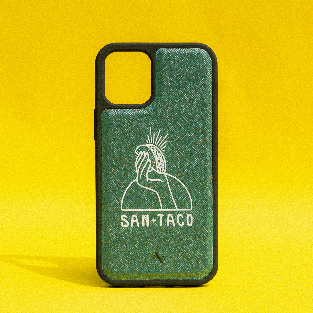 Cielito Lindo San Taco iPhone 14 Pro Leather Case in vegan saffiano leather with rubber edges, showcasing personalization options.