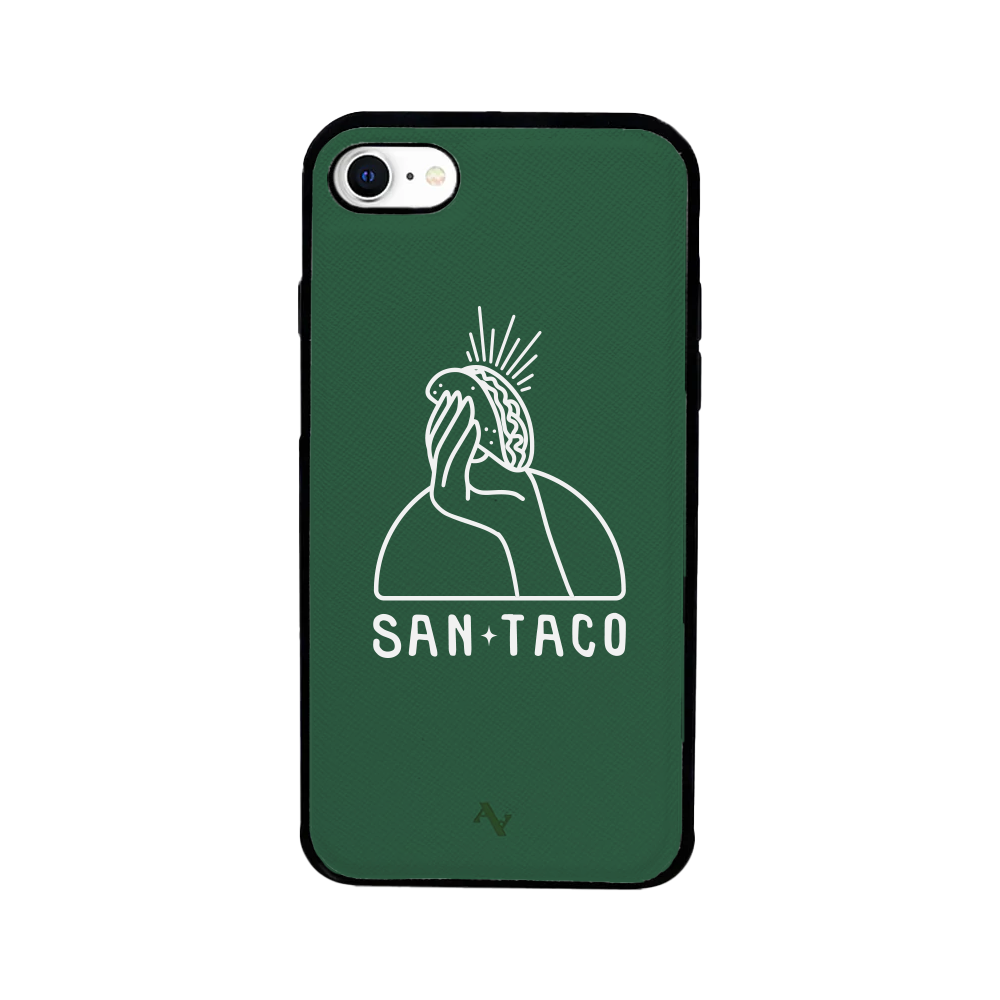 Cielito Lindo San Taco leather case for iPhone 7/8/SE, featuring saffiano leather and customizable monogram options.