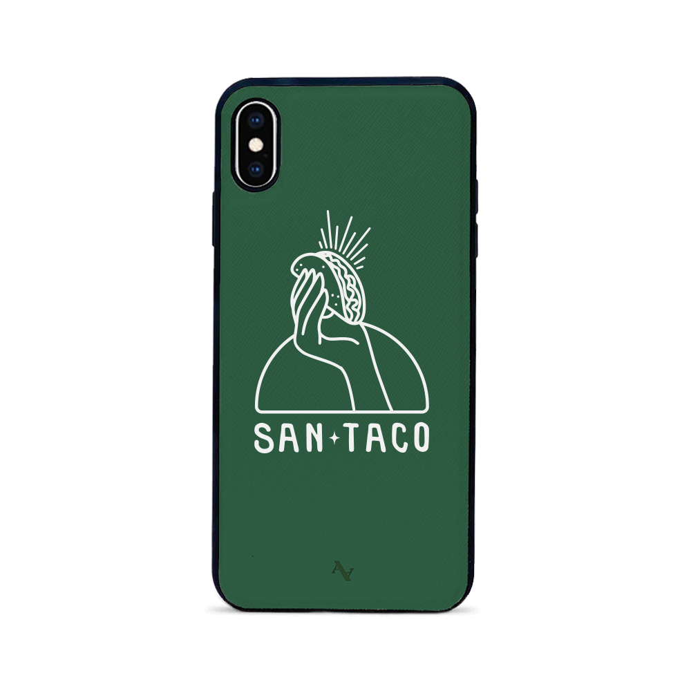 Cielito Lindo San Taco iPhone XS MAX Leather Case in genuine saffiano leather with rubber rim, showcasing personalization options.