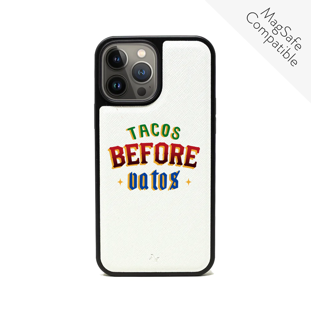 Cielito Lindo Tacos Before Vatos iPhone 13 Pro Max leather case in vegan saffiano leather with soft rubber rim.