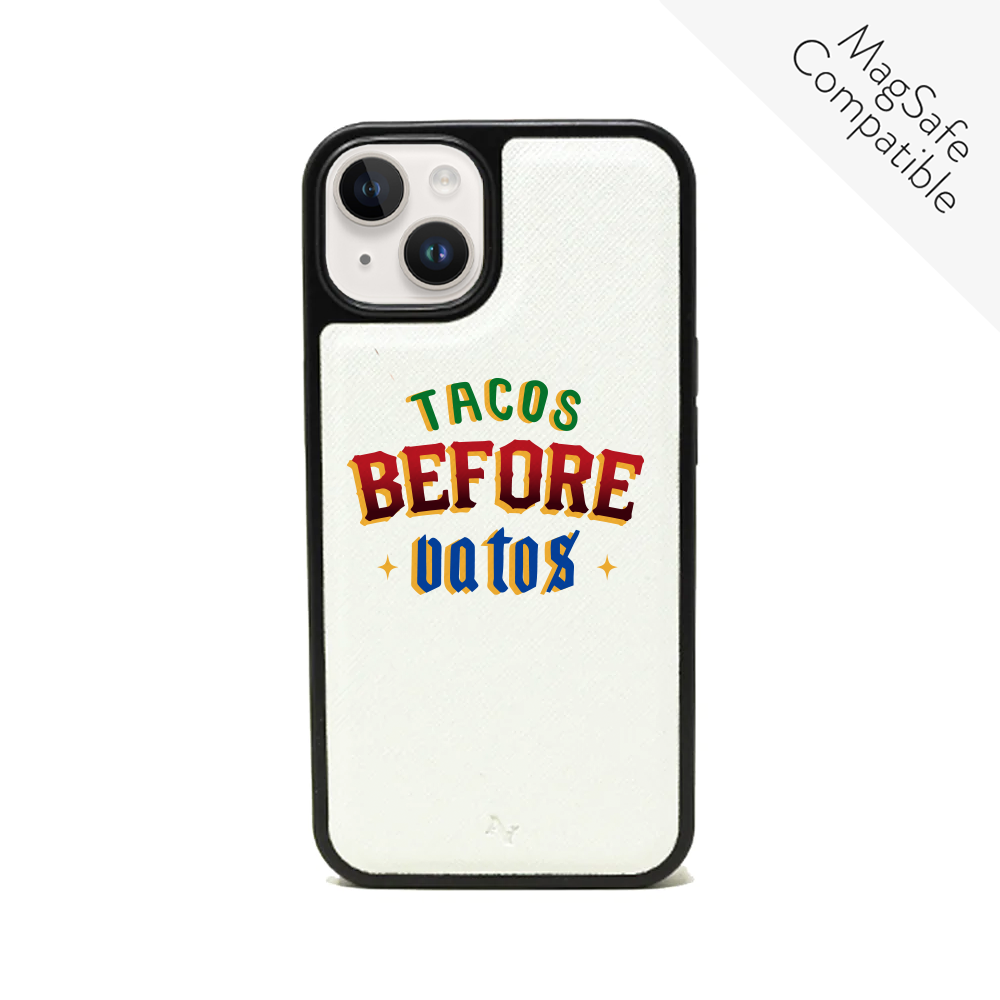 Cielito Lindo Tacos Before Vatos iPhone 14 leather case in vegan saffiano leather with rubber rim.