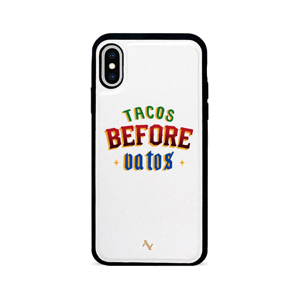 Cielito Lindo Tacos Before Vatos iPhone X/XS leather case in genuine saffiano leather with customizable options.