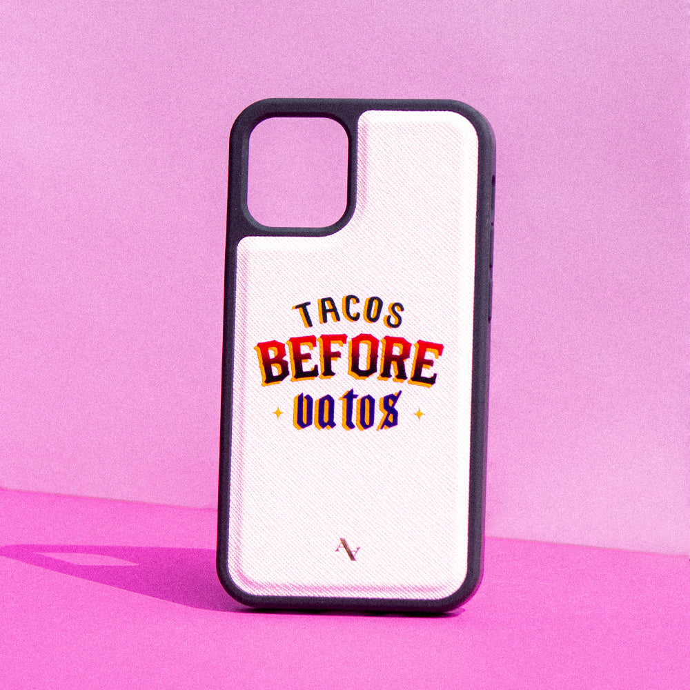Cielito Lindo Tacos Before Vatos iPhone X/XS leather case in genuine saffiano leather with customizable options.