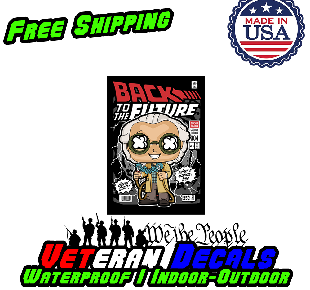 Doc Brown Pop Culture Art Series Vinyl Decal Sticker displayed on a car and wall, showcasing its vibrant design and versatility.