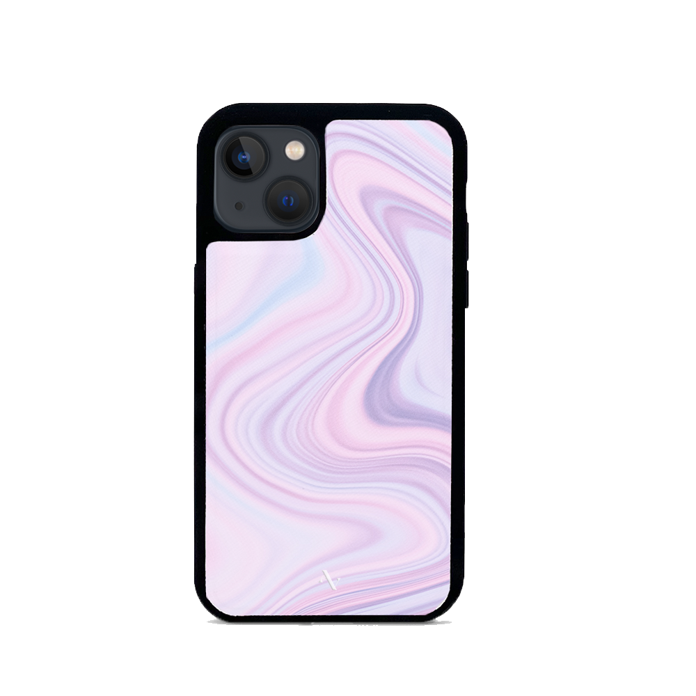 Dreamland iPhone 13 Mini Leather Case in vegan saffiano leather with soft rubber rim, showcasing personalization options.