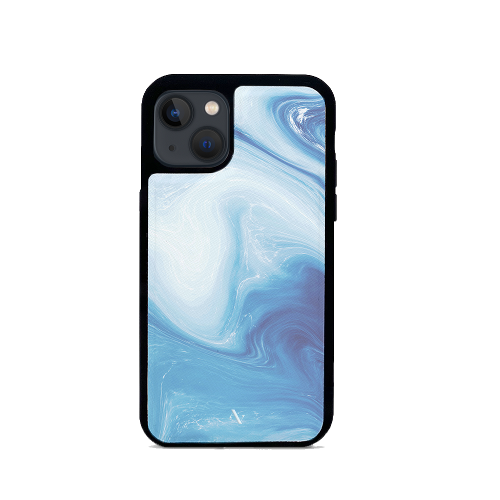 Dreamland iPhone 13 Mini Leather Case in vegan saffiano leather with soft rubber rim, showcasing personalization options.