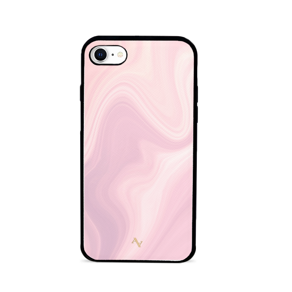 Dreamland leather case for iPhone 7/8/SE, featuring saffiano leather and a soft rubber rim, customizable with monogram options.