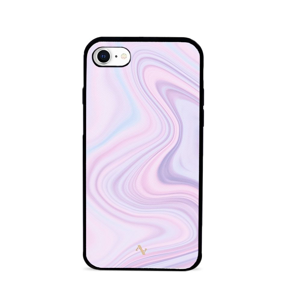 Dreamland leather case for iPhone 7/8/SE, featuring saffiano leather and a soft rubber rim, customizable with monogram options.