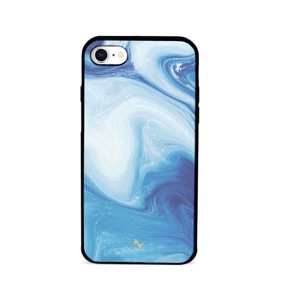 Dreamland leather case for iPhone 7/8/SE, featuring saffiano leather and a soft rubber rim, customizable with monogram options.