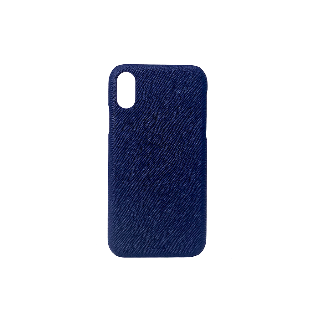 Navy blue iPhone XR case made of saffiano leather, featuring a slim design and personalization options.