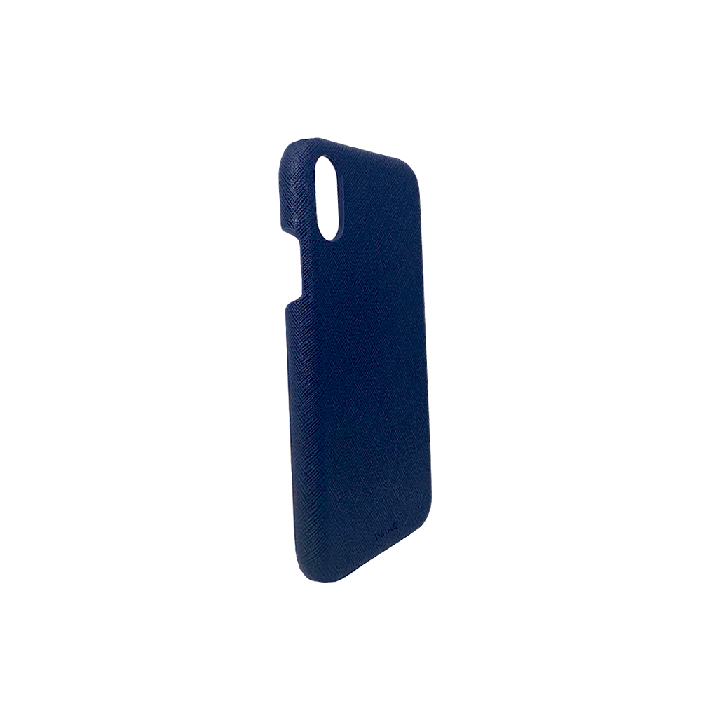 Navy blue iPhone XR case made of saffiano leather, featuring a slim design and personalization options.