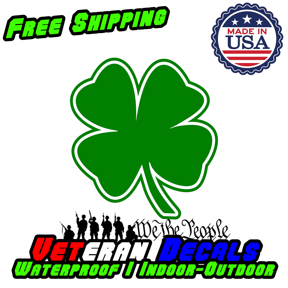 FOUR LEAF CLOVER Vinyl Decal Die Cut Sticker on a car window, showcasing its vibrant green color and intricate design.