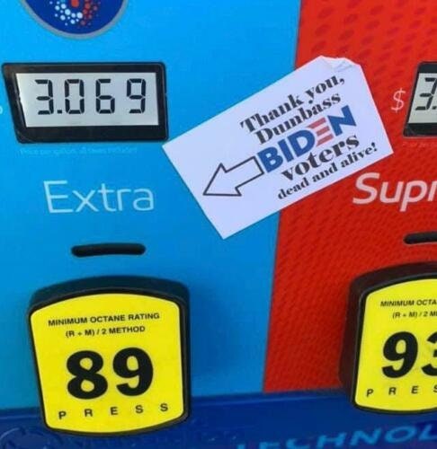 Funny political sticker featuring Biden and Trump addressing gas prices, made from high-quality vinyl for durability.