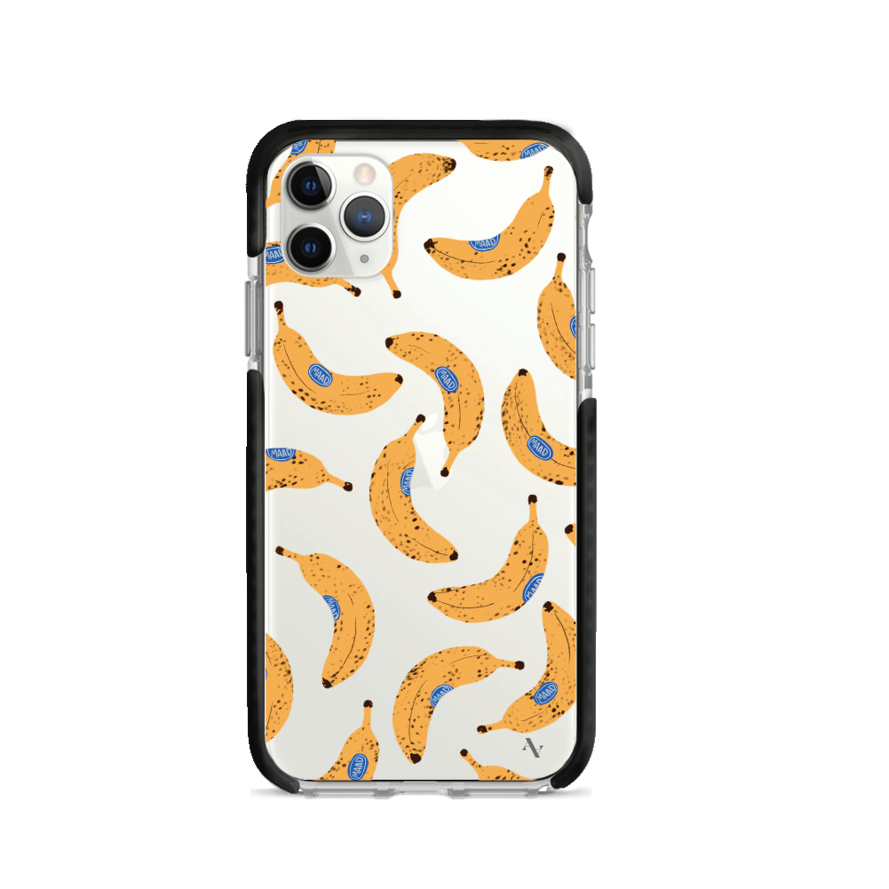 Go Bananas iPhone 11 Pro clear case with vibrant fruit sticker design, showcasing a slim and protective profile.