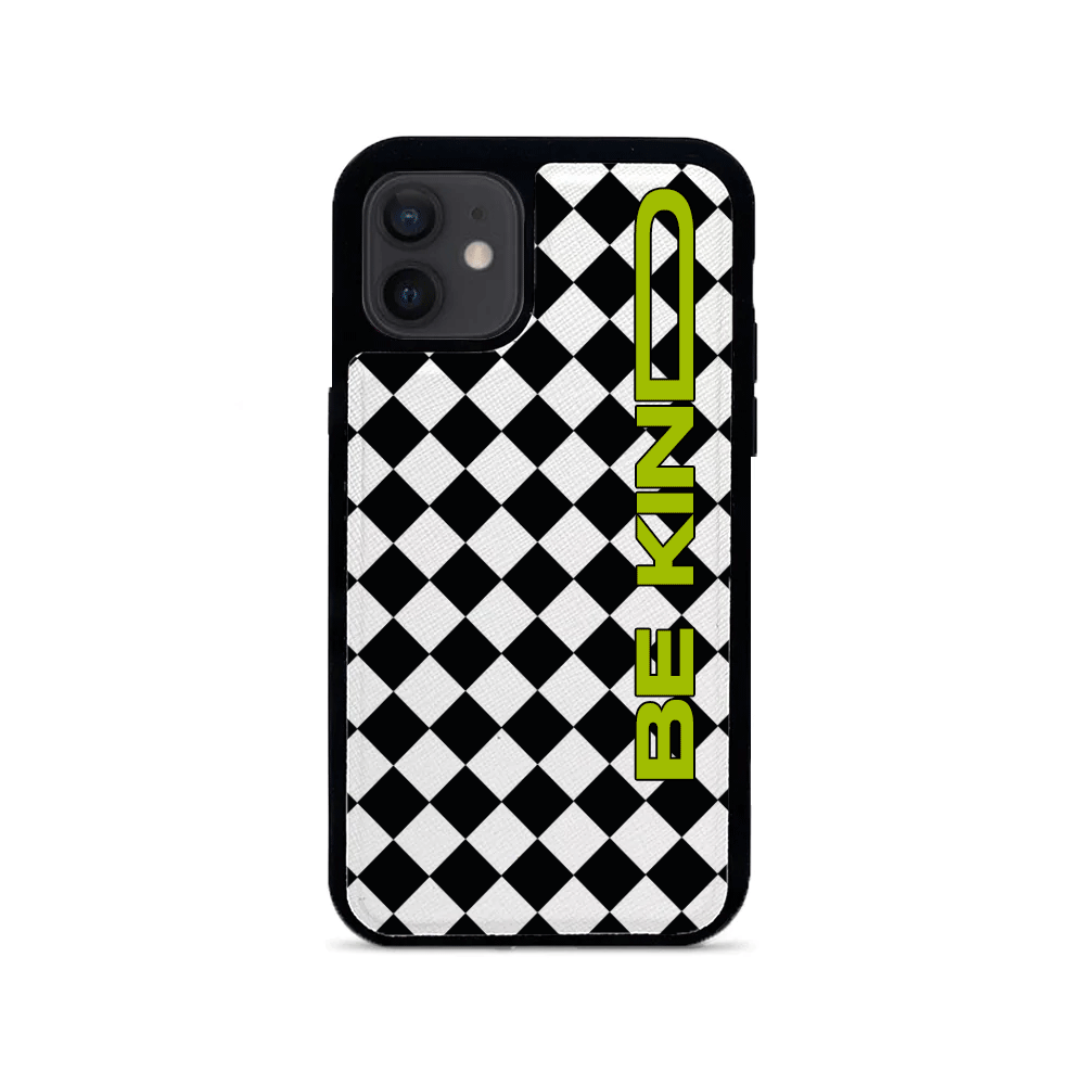 GOLF le MAAD Black and White leather case for iPhone 12 Mini, showcasing saffiano leather and soft rubber rim.