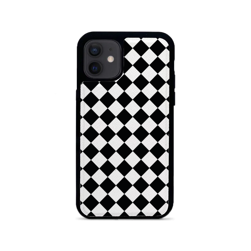 GOLF le MAAD Black and White leather case for iPhone 12 Mini, showcasing saffiano leather and soft rubber rim.