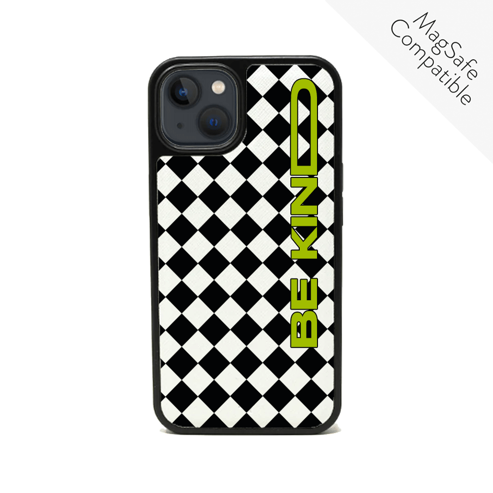 GOLF le MAAD Black and White iPhone 13 Mini Leather Case with vegan saffiano leather and soft rubber rim.