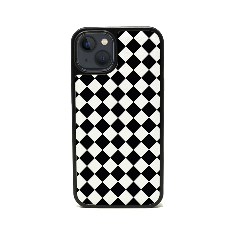 GOLF le MAAD Black and White iPhone 13 Mini Leather Case with vegan saffiano leather and soft rubber rim.