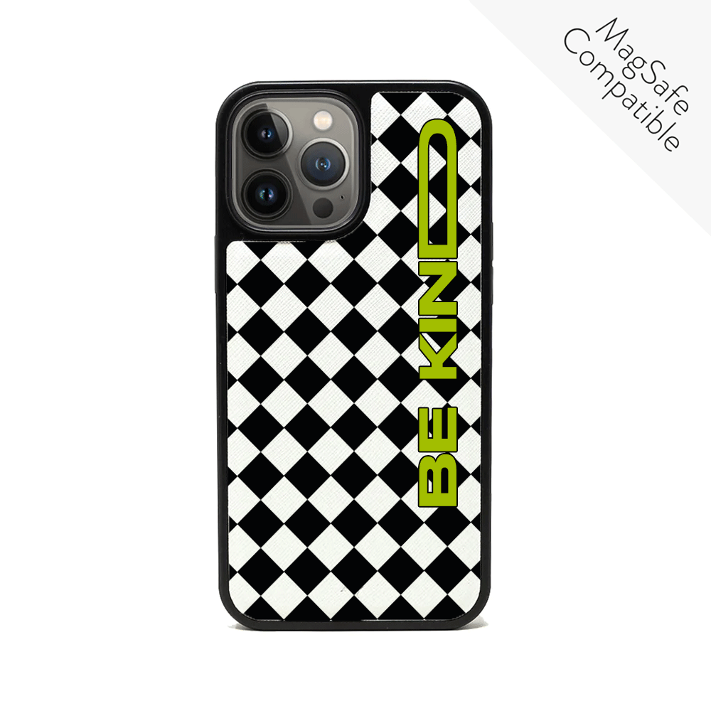 GOLF le MAAD Black and White iPhone 13 Pro Max Leather Case featuring vegan saffiano leather and soft rubber rim.