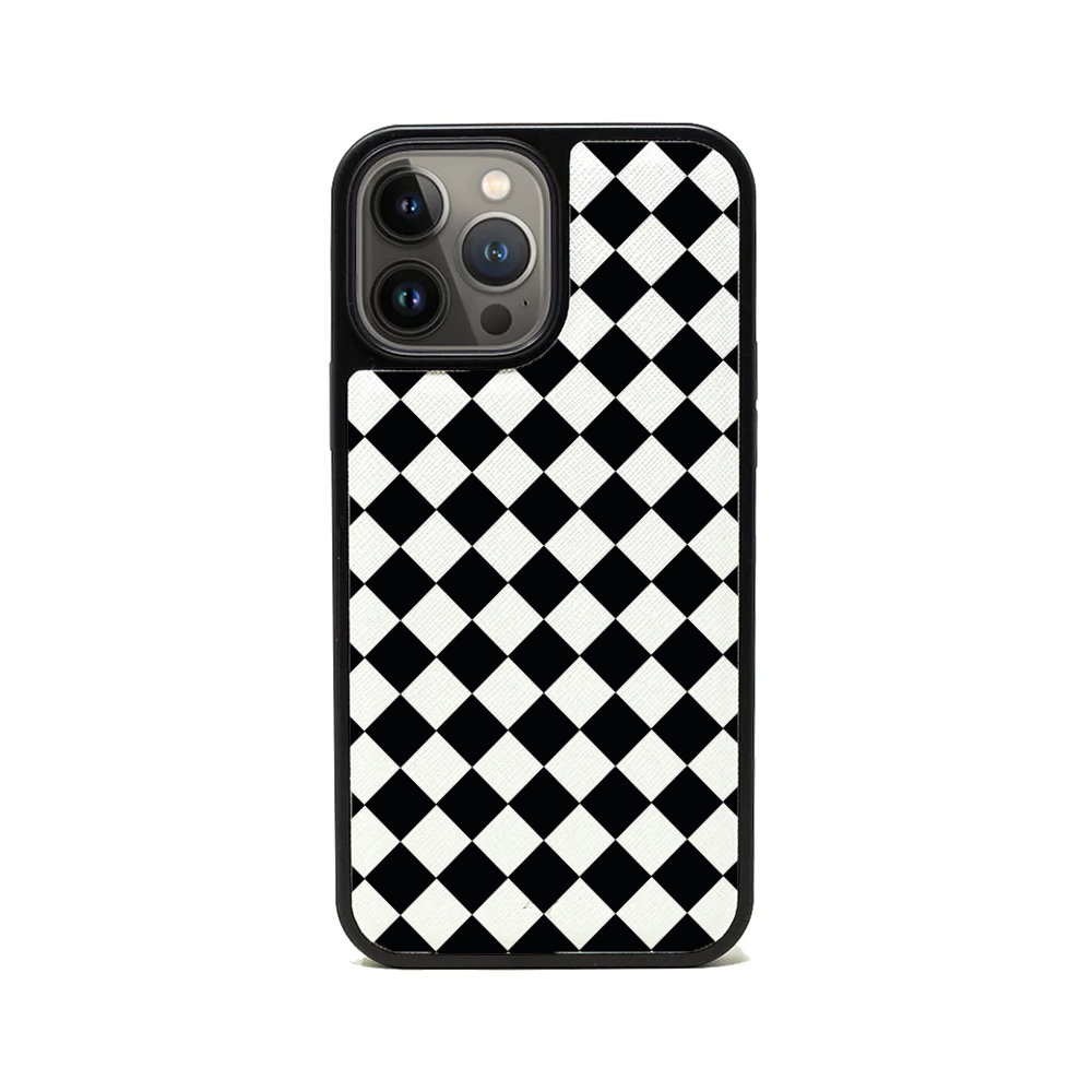 GOLF le MAAD Black and White iPhone 13 Pro Max Leather Case featuring vegan saffiano leather and soft rubber rim.