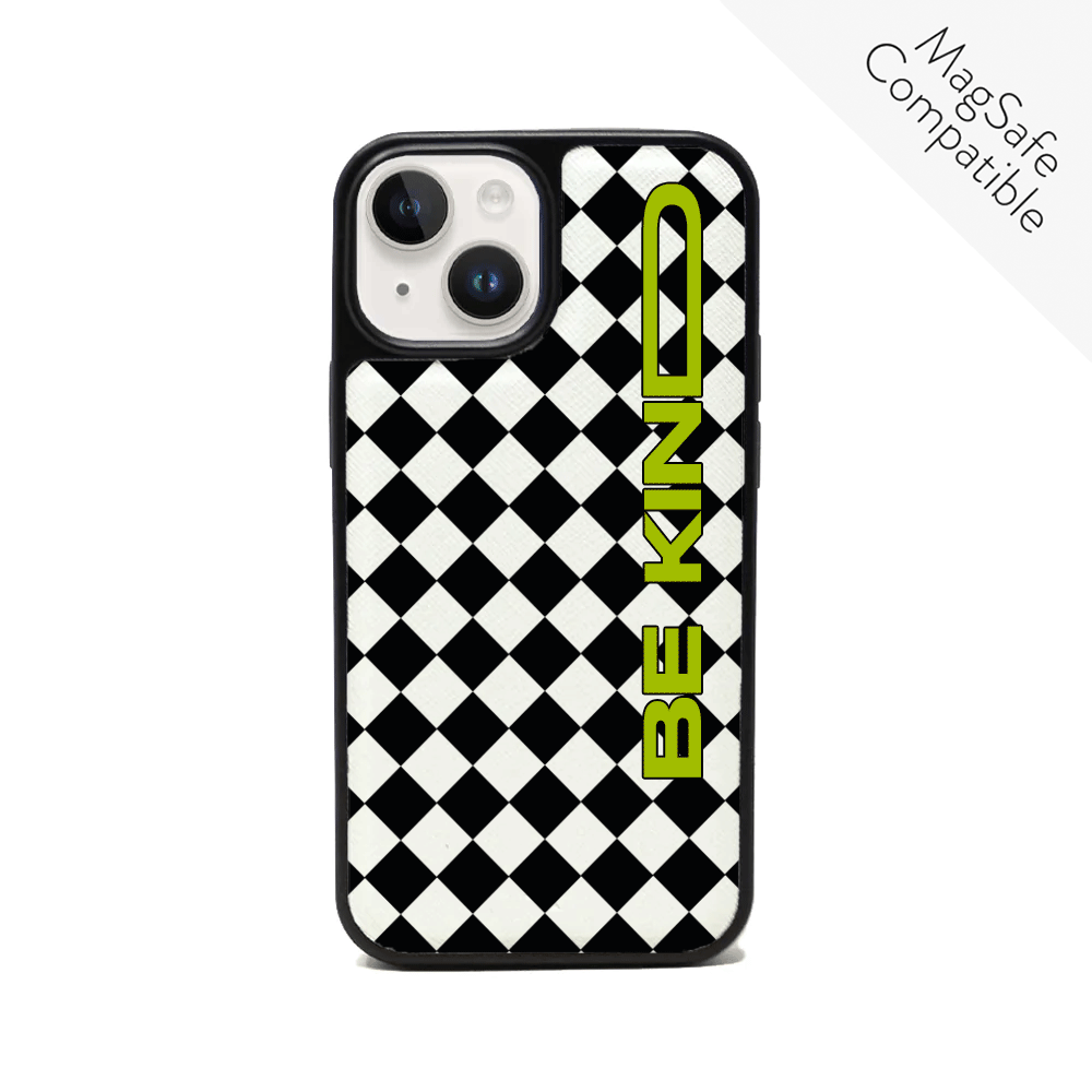 GOLF le MAAD Black and White Leather Case for iPhone 14 Plus, featuring vegan saffiano leather and a soft rubber rim.