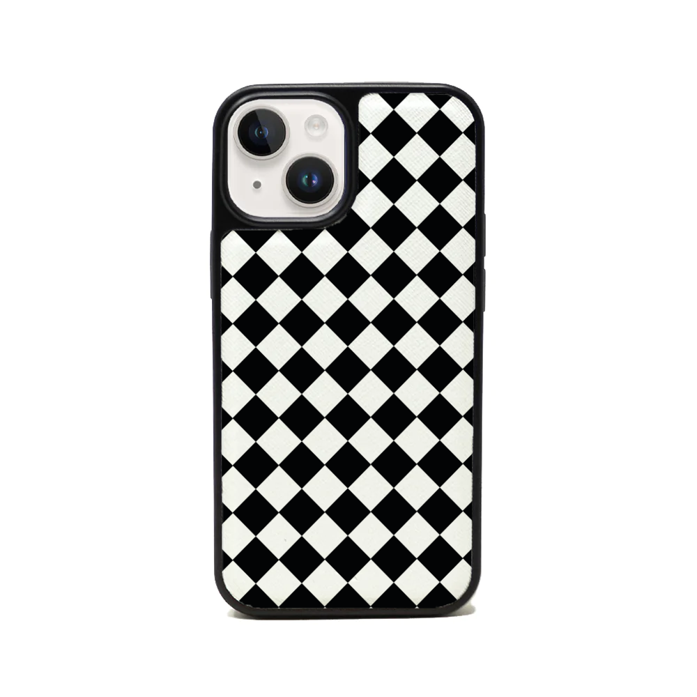GOLF le MAAD Black and White Leather Case for iPhone 14 Plus, featuring vegan saffiano leather and a soft rubber rim.