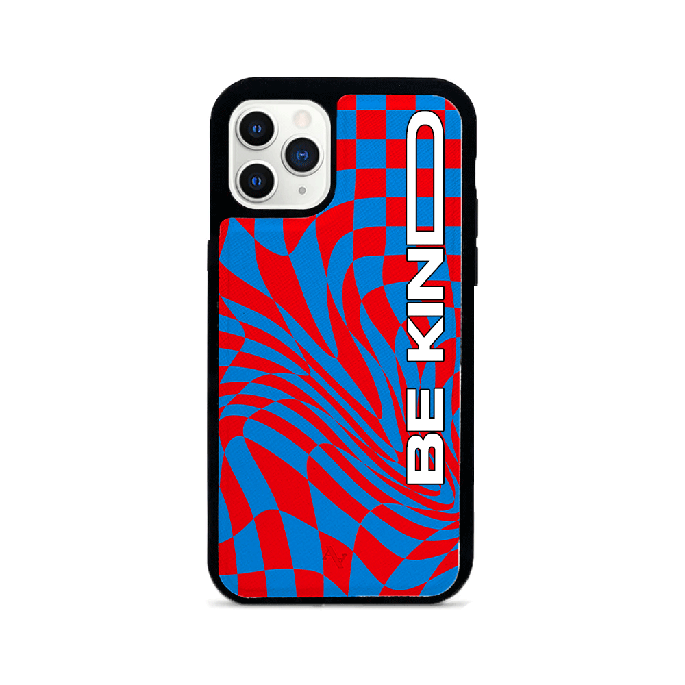 GOLF le MAAD Blue and Red iPhone 11 Pro Leather Case showcasing genuine saffiano leather with a soft rubber rim for protection.